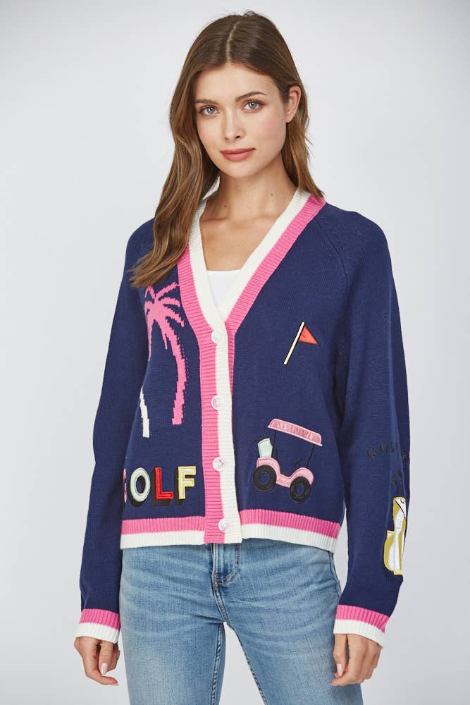 NAVY GOLF EMBROIDERED PATCH CARDIGAN