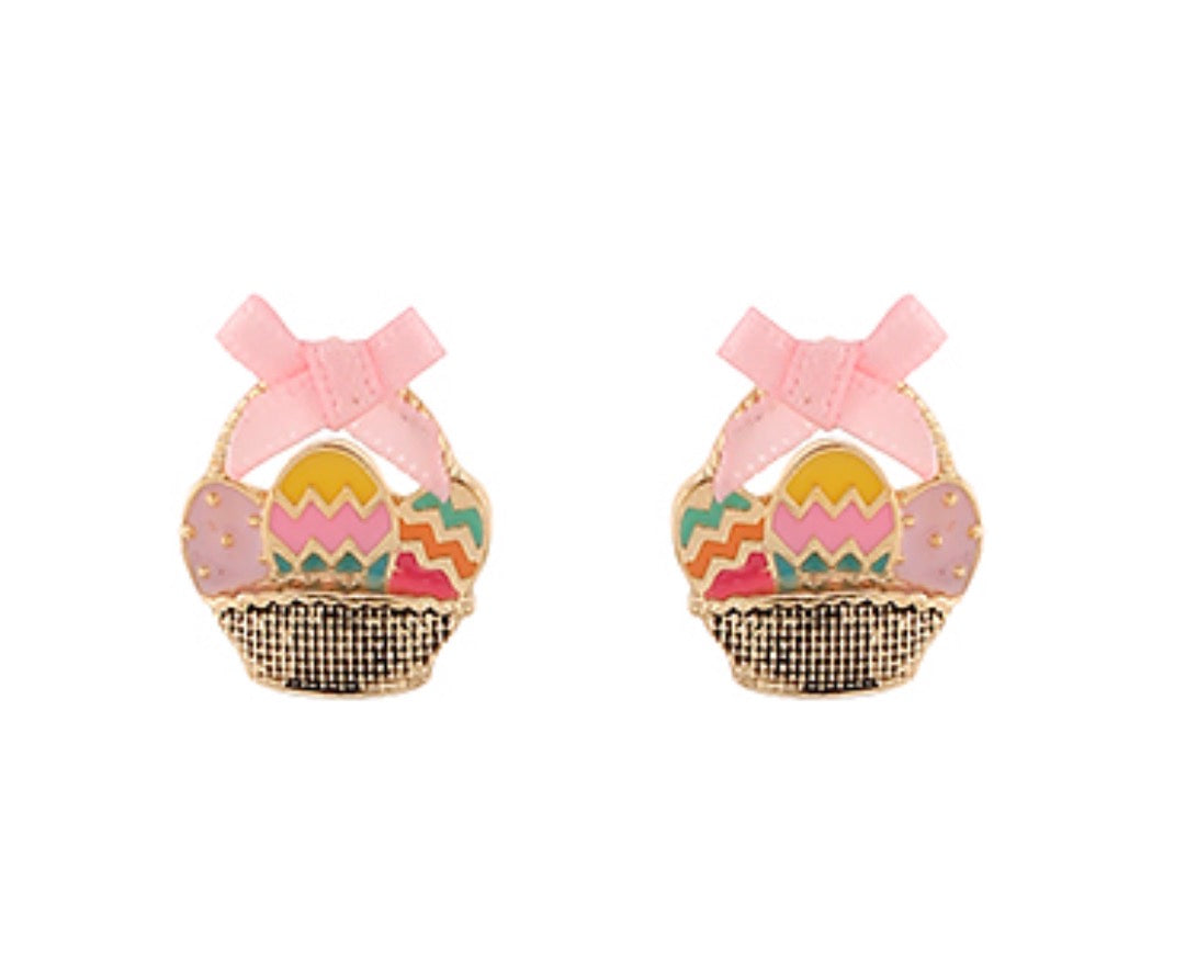 Easter Basket With Multicolor Egg Stud Earrings