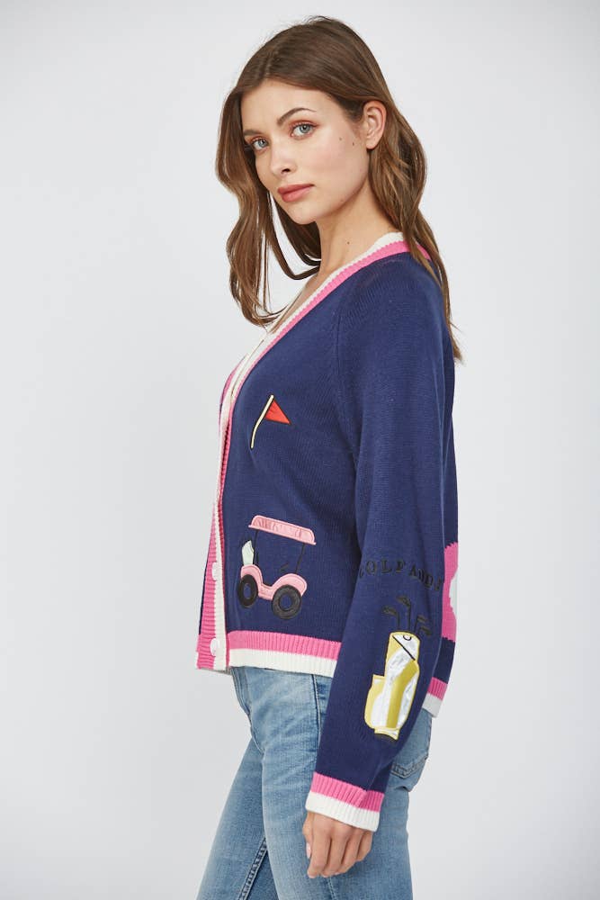 NAVY GOLF EMBROIDERED PATCH CARDIGAN