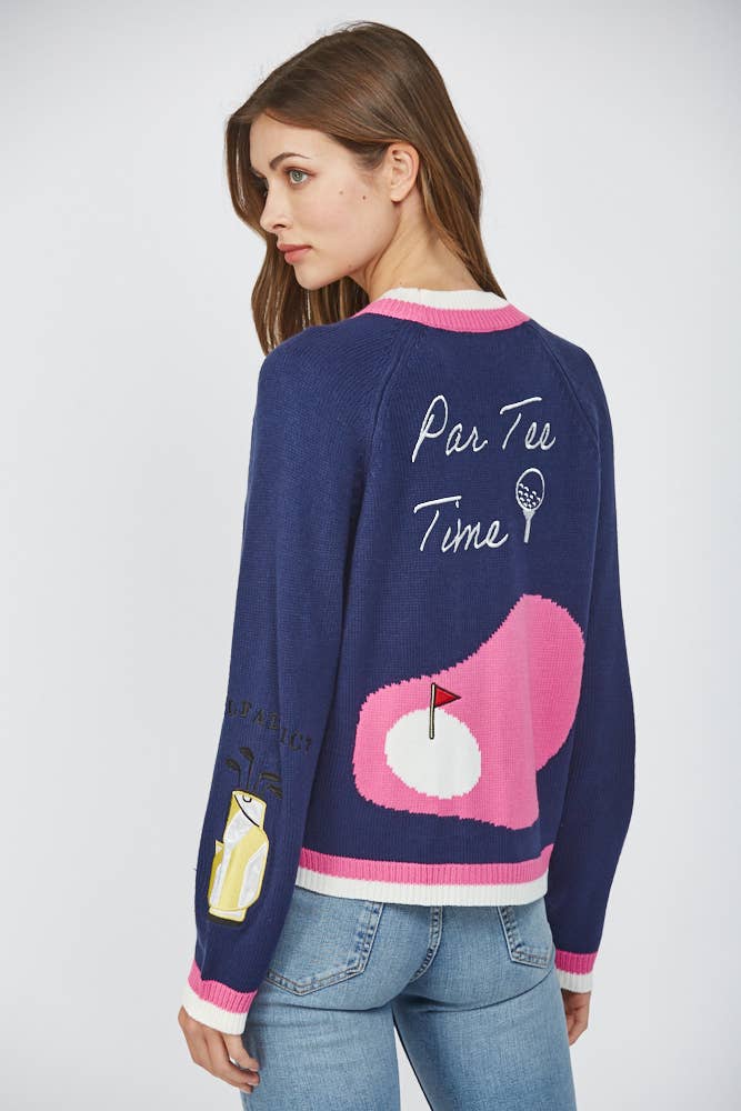 NAVY GOLF EMBROIDERED PATCH CARDIGAN