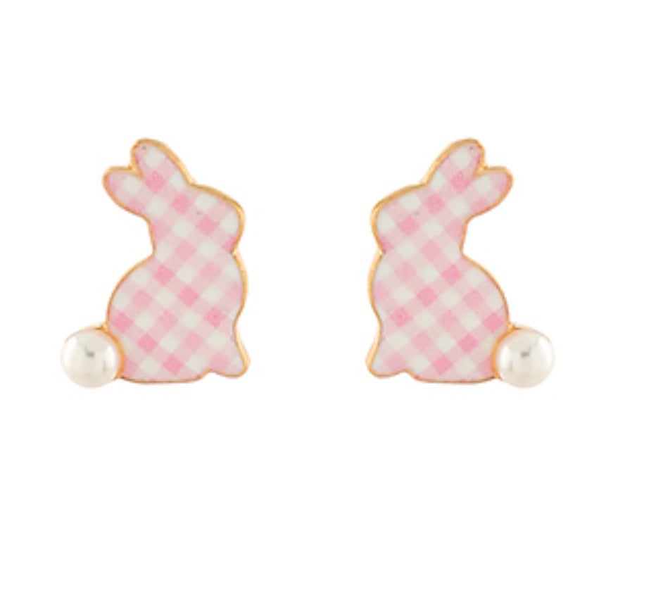 Pink and White Checked Pattern Easter Bunny Stud Earrings