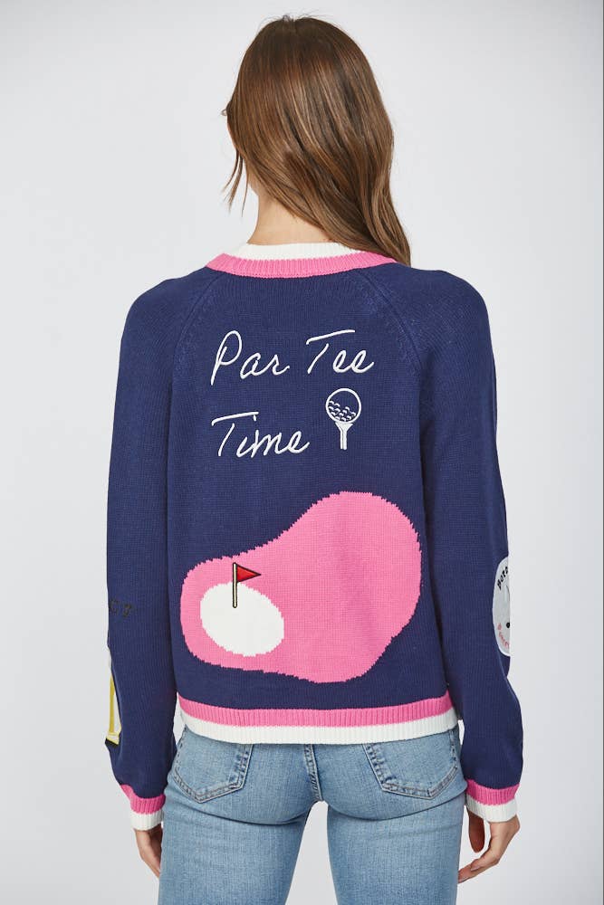 NAVY GOLF EMBROIDERED PATCH CARDIGAN
