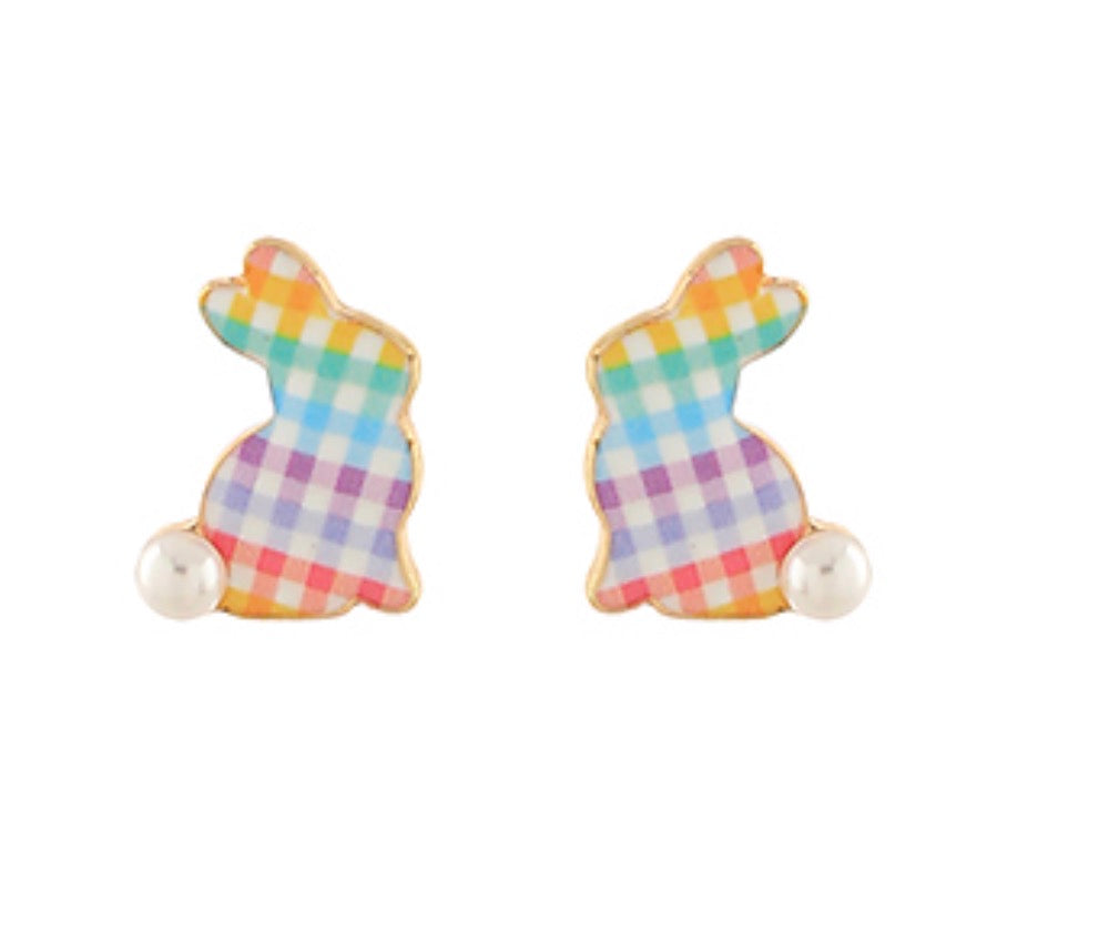 Check Pattern Easter Bunny Stud Earrings