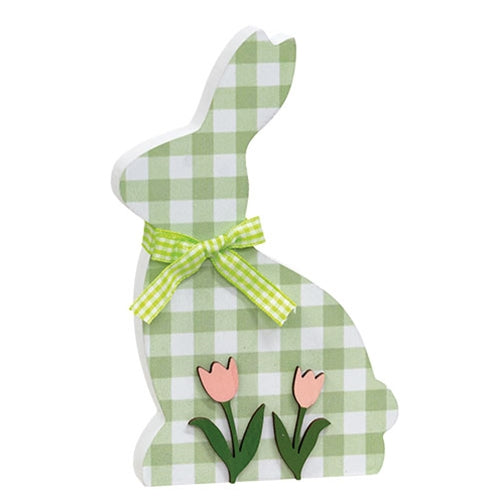 Green and White Gingham Check Bunny with Tulips Sitter
