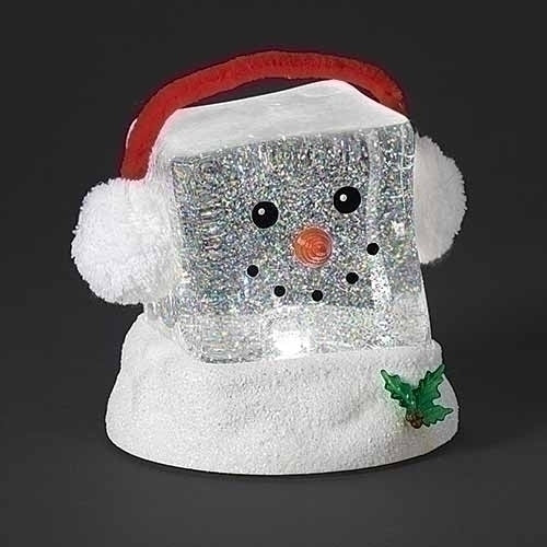6.25" Lighted Swirl Cube Head Snowman with Ear Muffs