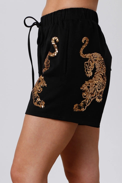 Black Pullover/Shorts Set with Gold Embellished Tigers
