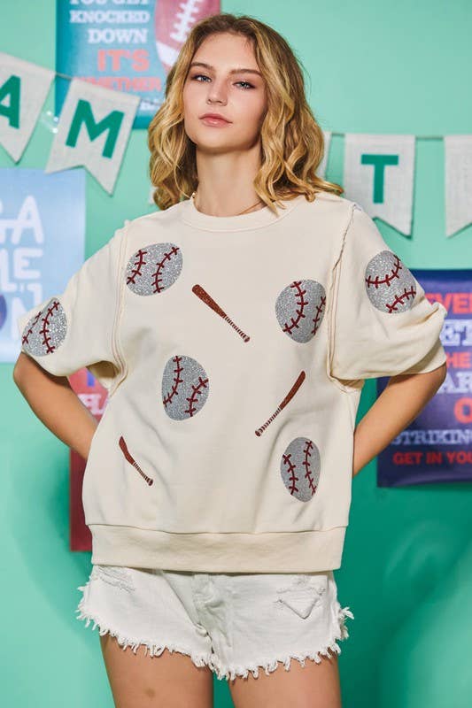 Baseball Glitter Print Crew Neck Sweatshirts