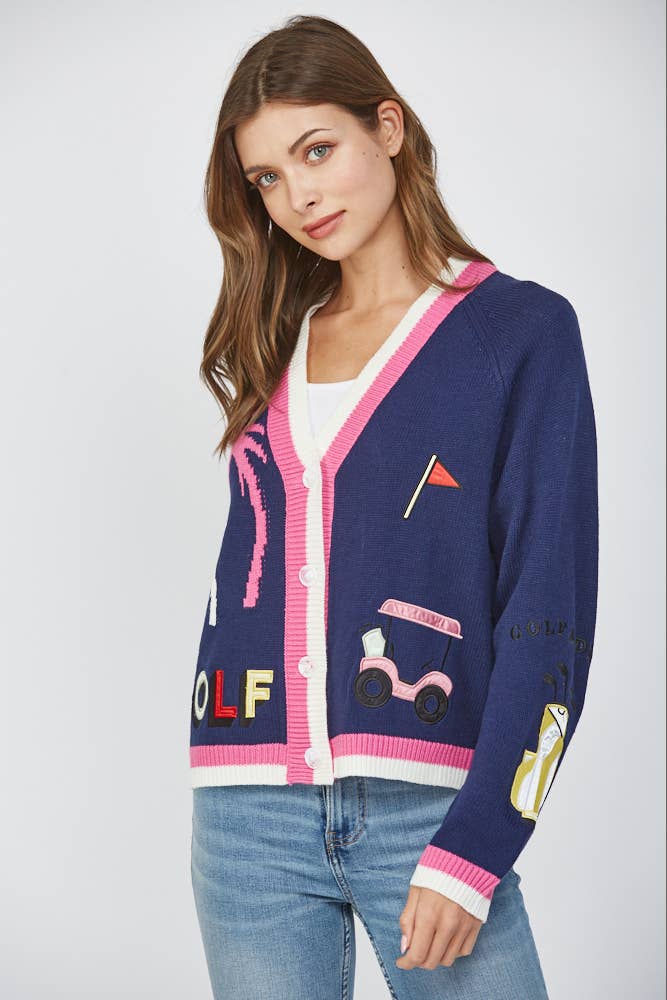 NAVY GOLF EMBROIDERED PATCH CARDIGAN