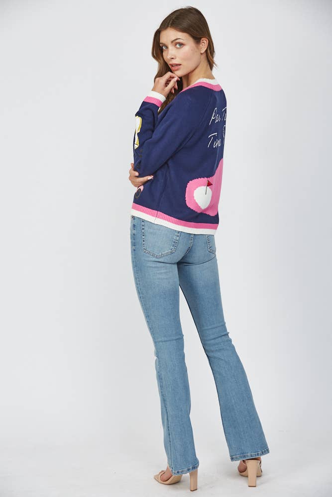 NAVY GOLF EMBROIDERED PATCH CARDIGAN