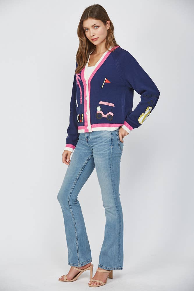 NAVY GOLF EMBROIDERED PATCH CARDIGAN