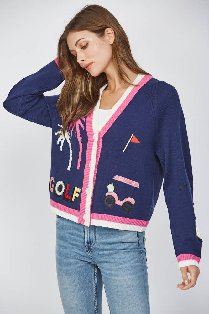 NAVY GOLF EMBROIDERED PATCH CARDIGAN