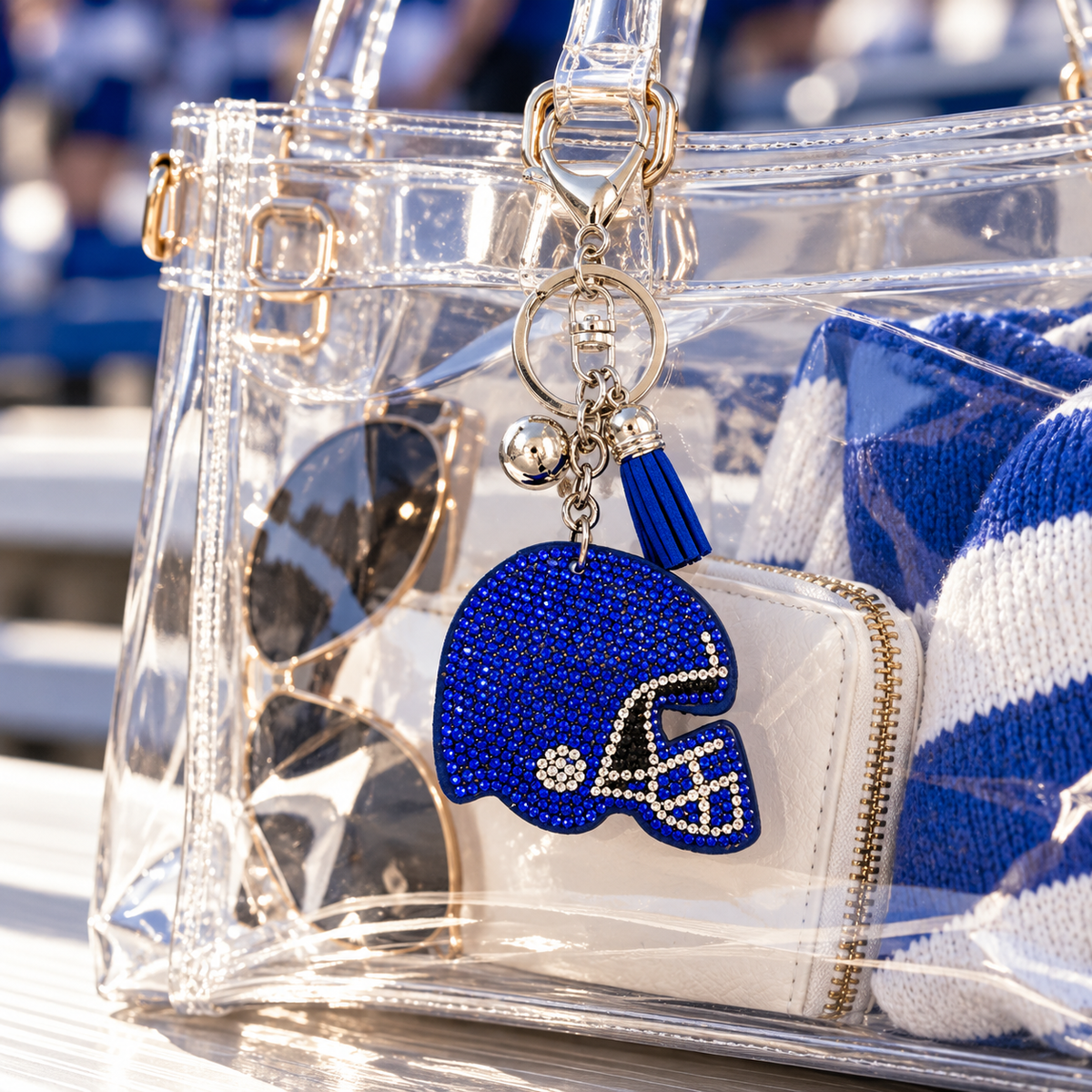 Royal Blue Crystal Football Helmet Key Chain