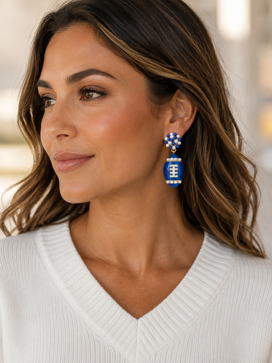 Blue and White Beaded and Enamel Football Dangle Earrings