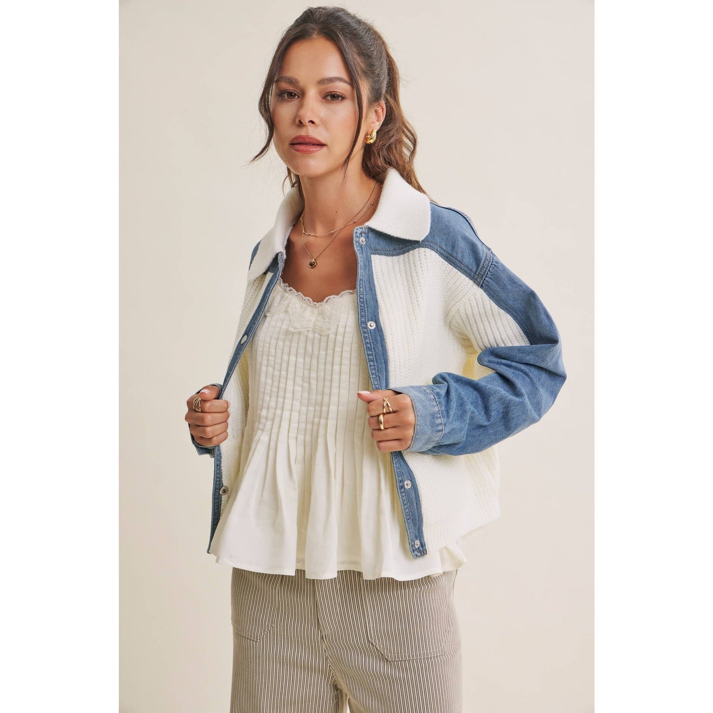 WEEKEND LAYERS DENIM CONTRAST MIXED MEDIA SWEATER JACKET