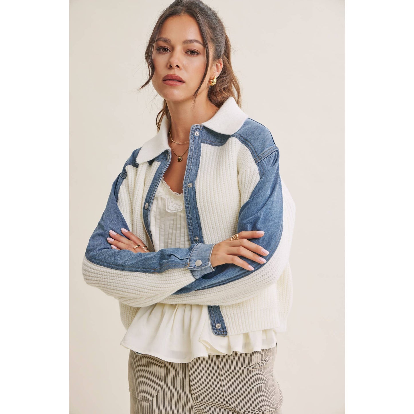 WEEKEND LAYERS DENIM CONTRAST MIXED MEDIA SWEATER JACKET