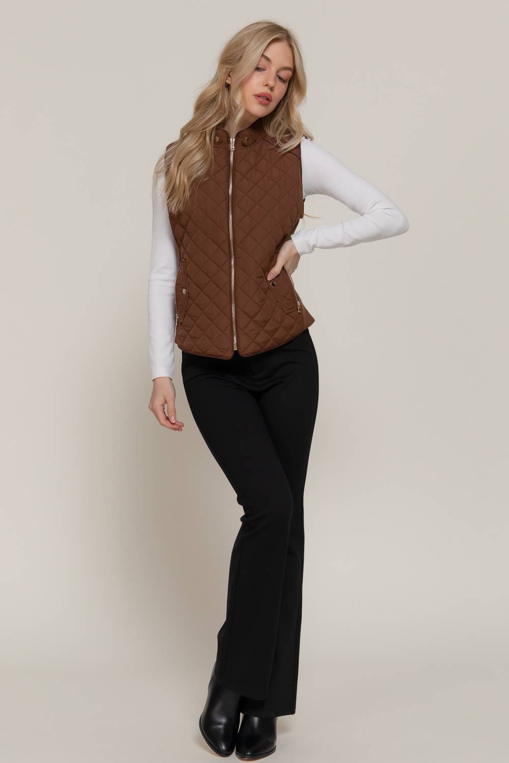 Suede Piping Detail Rib Quilted Padding Vest