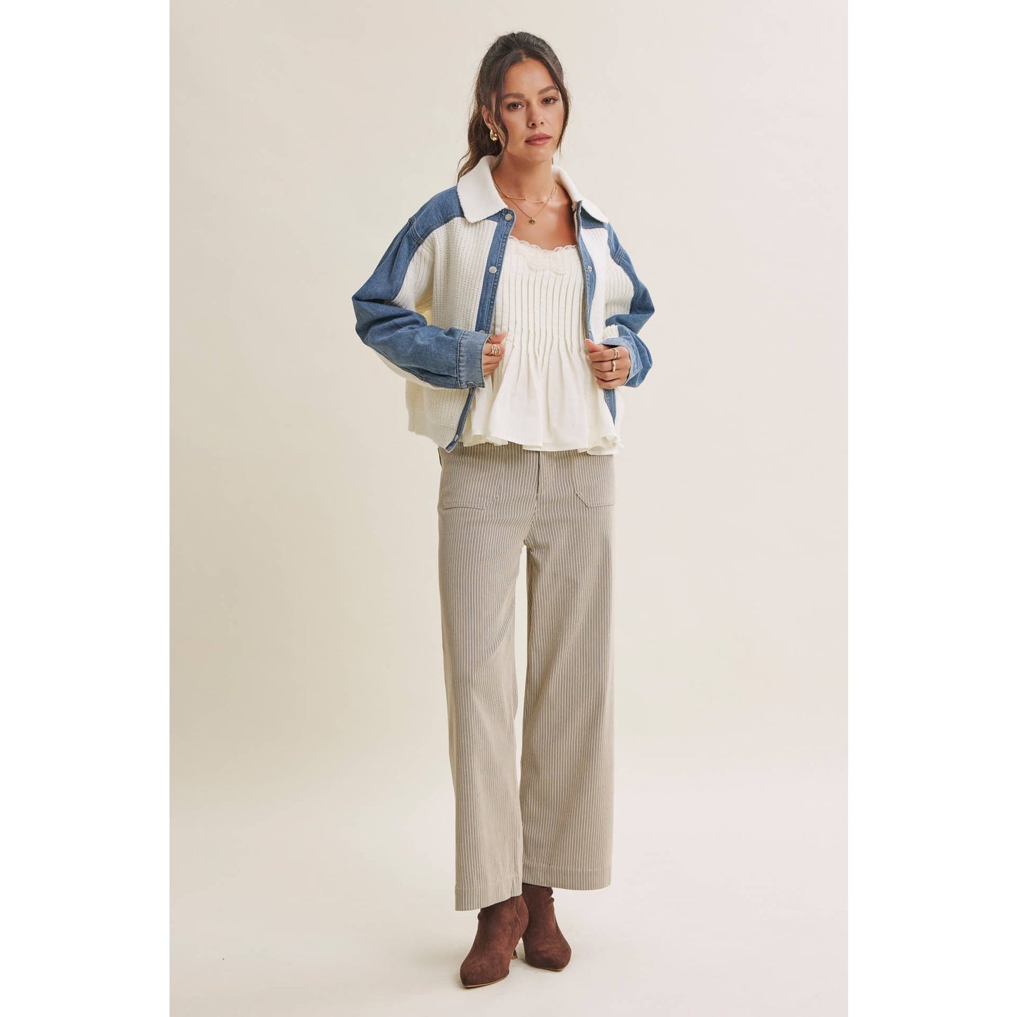 WEEKEND LAYERS DENIM CONTRAST MIXED MEDIA SWEATER JACKET