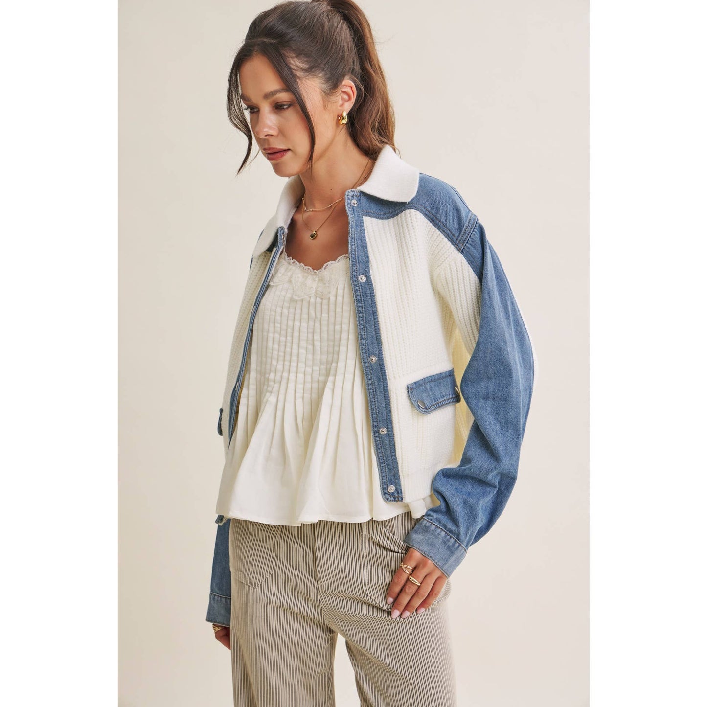 WEEKEND LAYERS DENIM CONTRAST MIXED MEDIA SWEATER JACKET