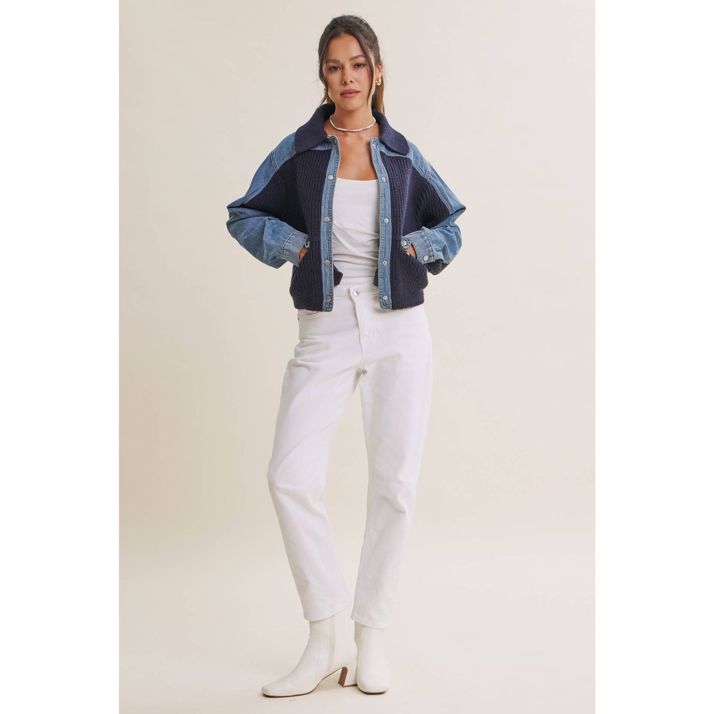 WEEKEND LAYERS DENIM CONTRAST MIXED MEDIA SWEATER JACKET