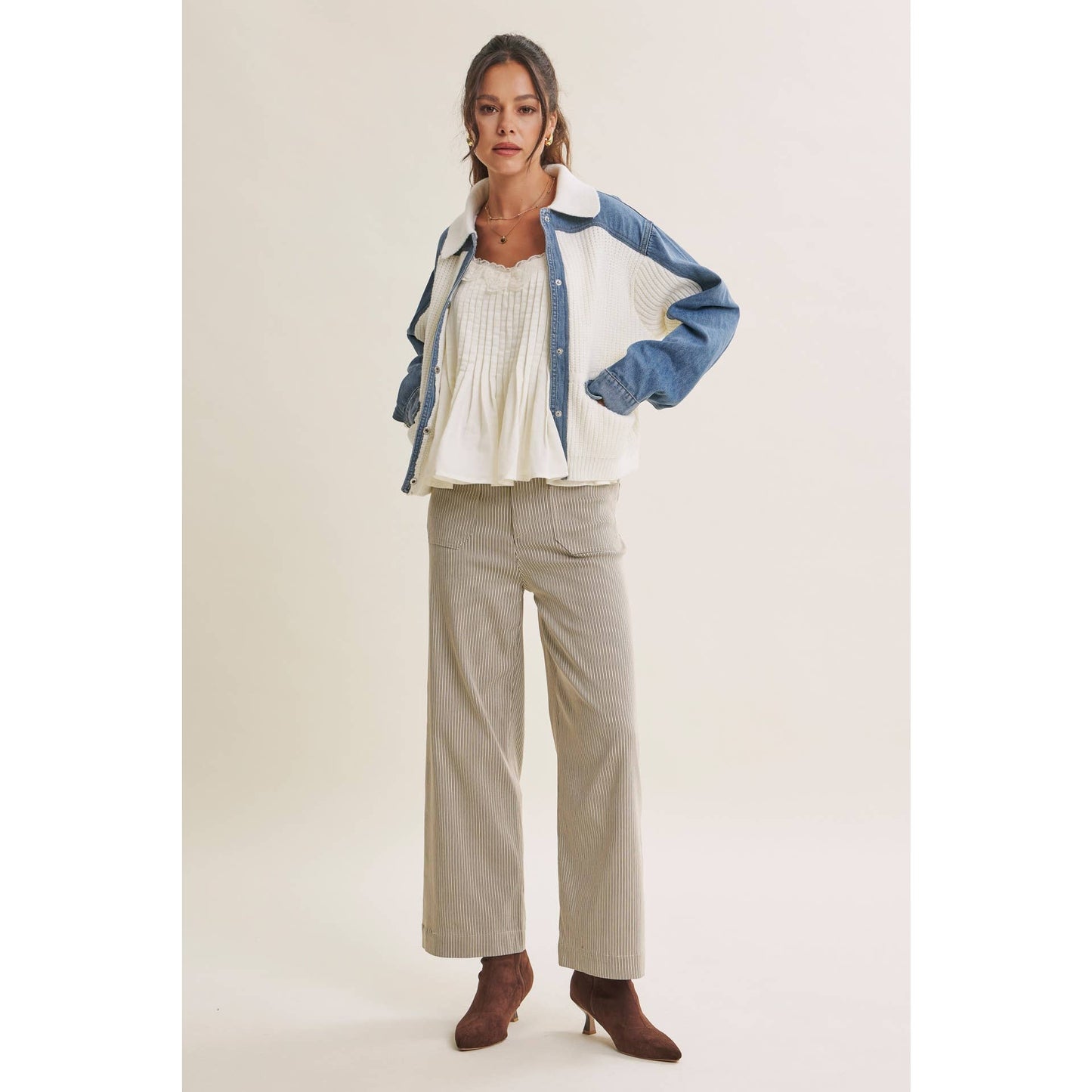 WEEKEND LAYERS DENIM CONTRAST MIXED MEDIA SWEATER JACKET