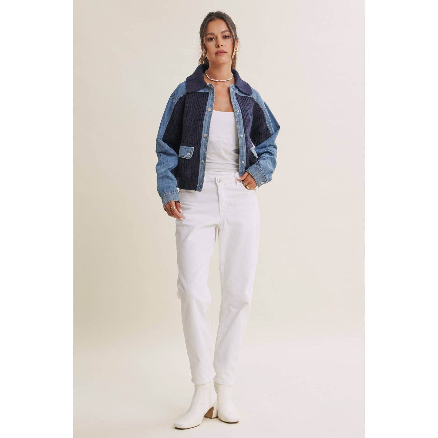 WEEKEND LAYERS DENIM CONTRAST MIXED MEDIA SWEATER JACKET