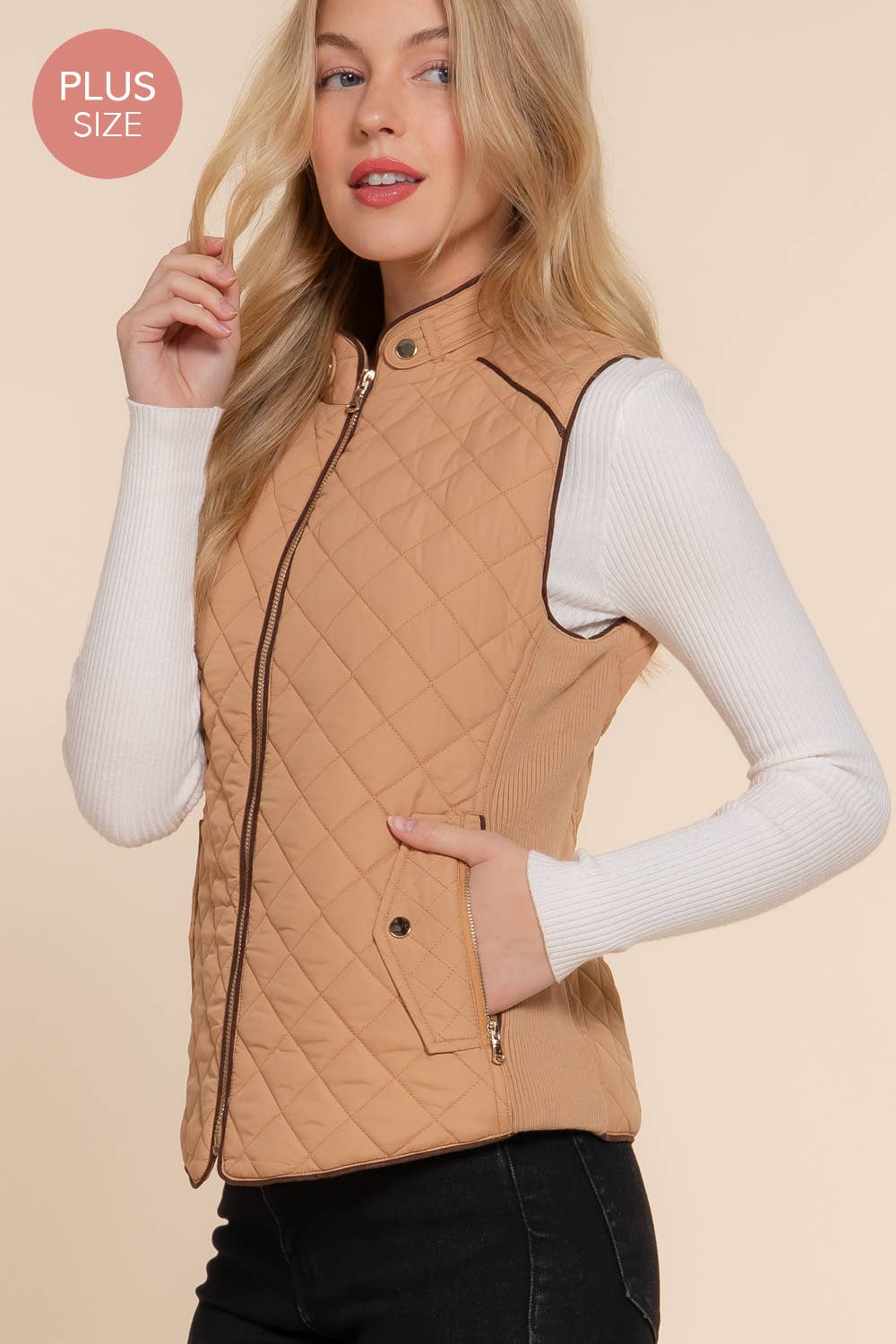 Suede Piping Quilted Padding Vest