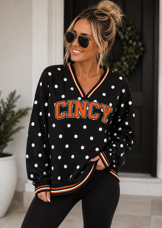 BW Polka Dot V-Neck CINCY Pullover (PREORDER)