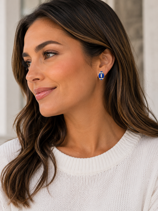 Blue and White Enamel Football Stud Earrings