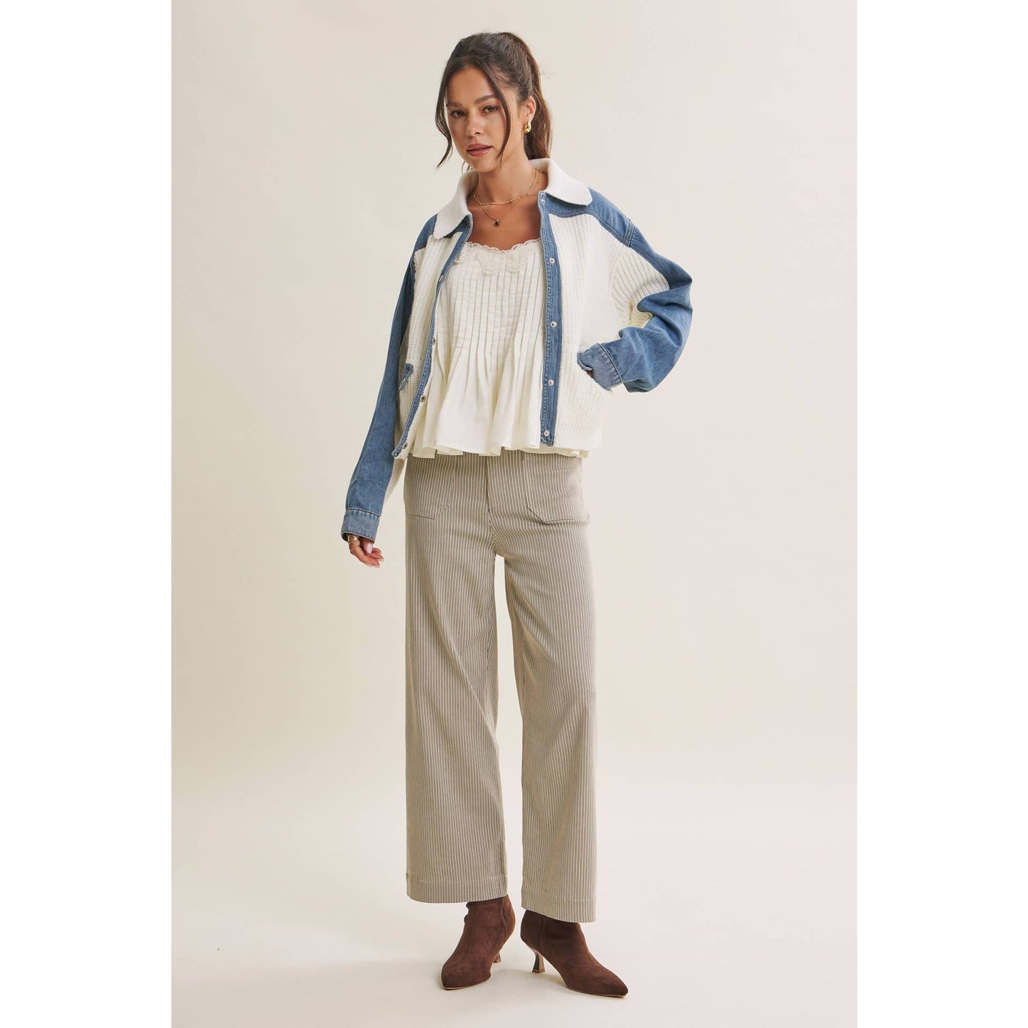 WEEKEND LAYERS DENIM CONTRAST MIXED MEDIA SWEATER JACKET