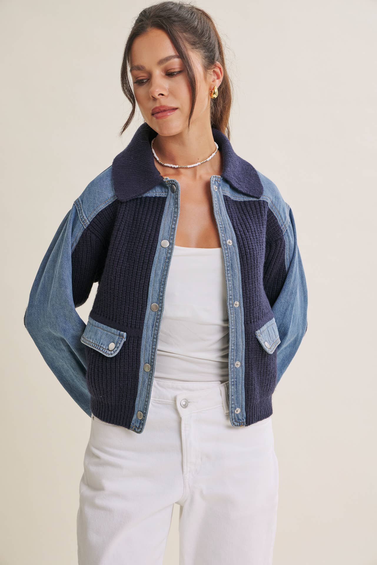 WEEKEND LAYERS DENIM CONTRAST MIXED MEDIA SWEATER JACKET