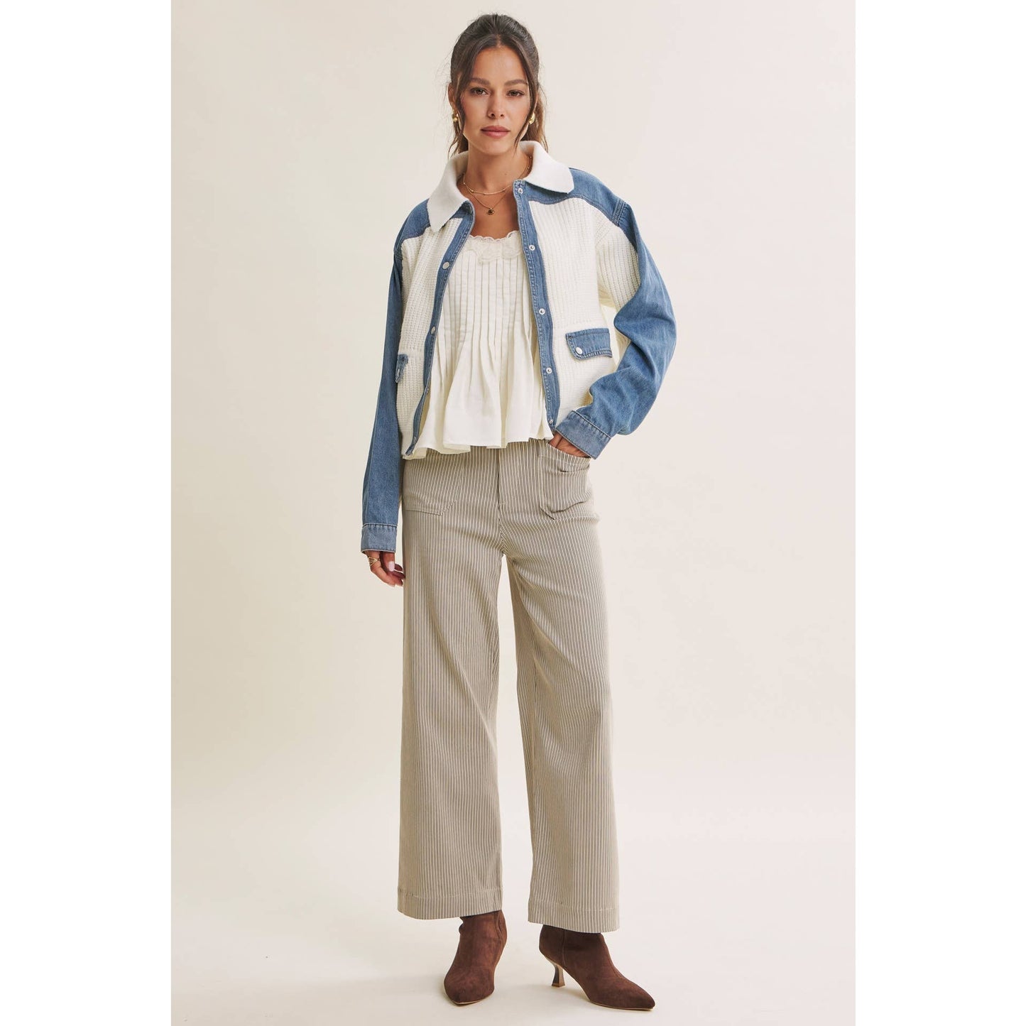 WEEKEND LAYERS DENIM CONTRAST MIXED MEDIA SWEATER JACKET