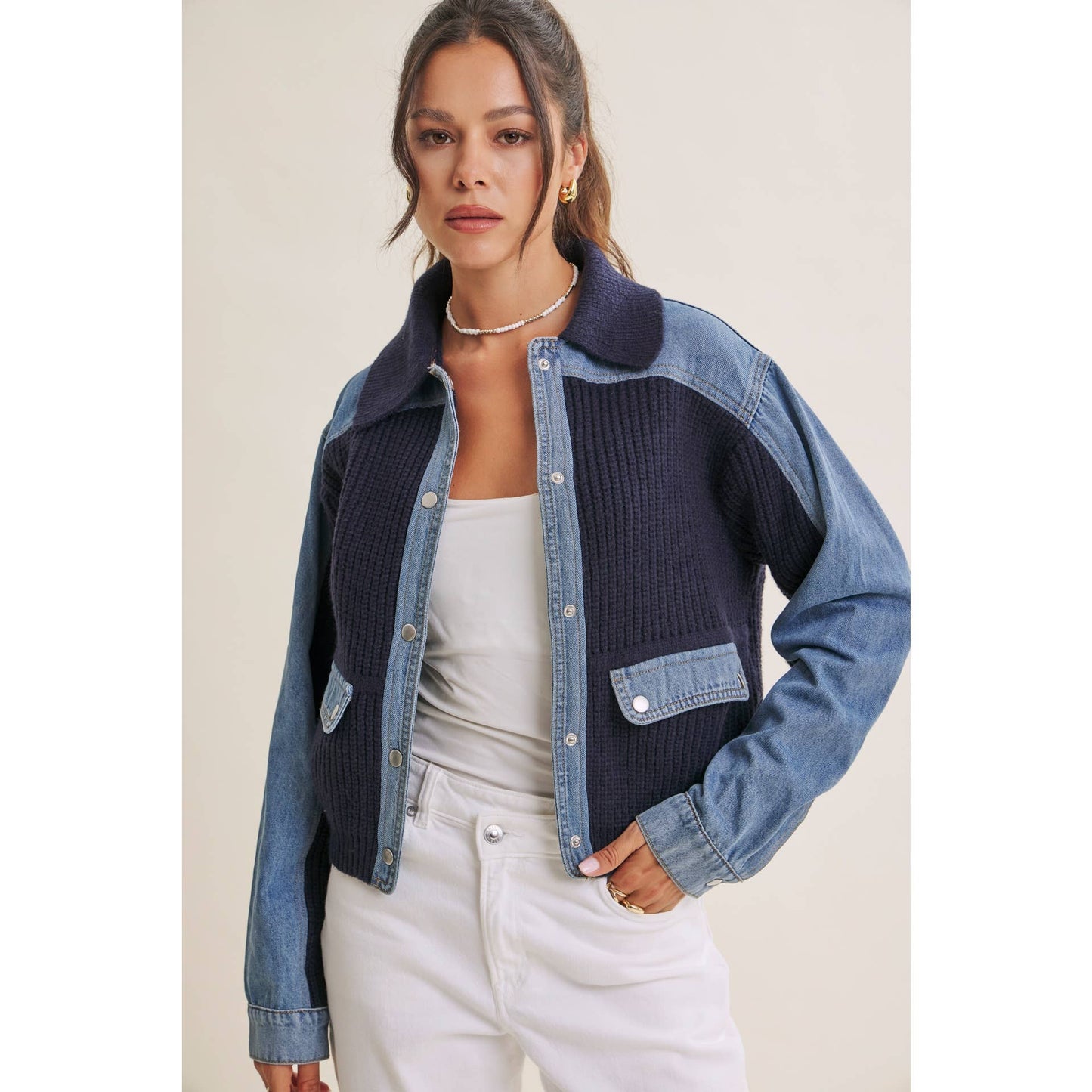 WEEKEND LAYERS DENIM CONTRAST MIXED MEDIA SWEATER JACKET