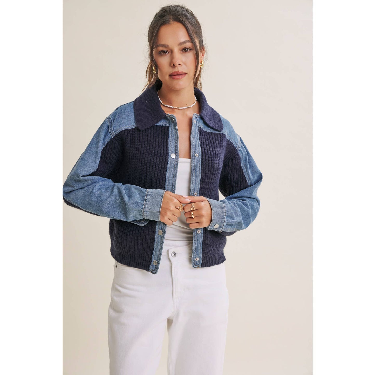 WEEKEND LAYERS DENIM CONTRAST MIXED MEDIA SWEATER JACKET