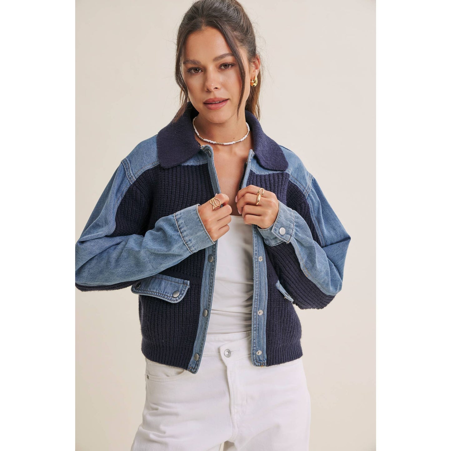 WEEKEND LAYERS DENIM CONTRAST MIXED MEDIA SWEATER JACKET