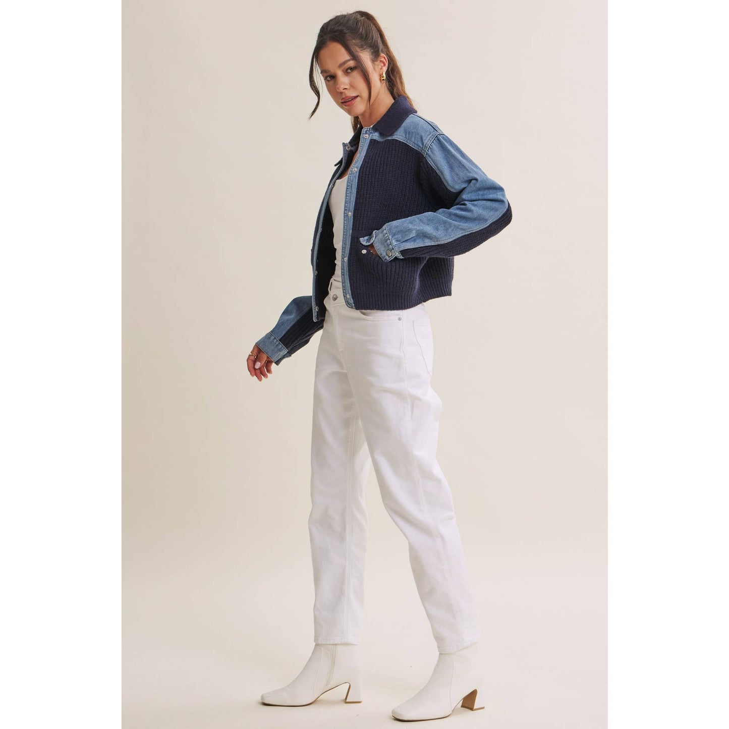 WEEKEND LAYERS DENIM CONTRAST MIXED MEDIA SWEATER JACKET