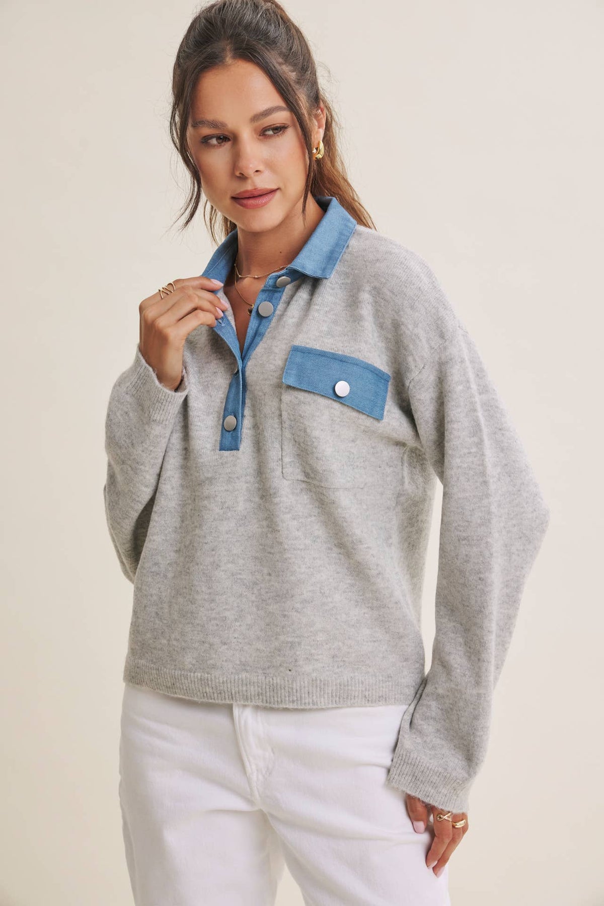 ELEVATED MIXED MEDIA DENIM MIXED EVERYDAY SWEATER TOP