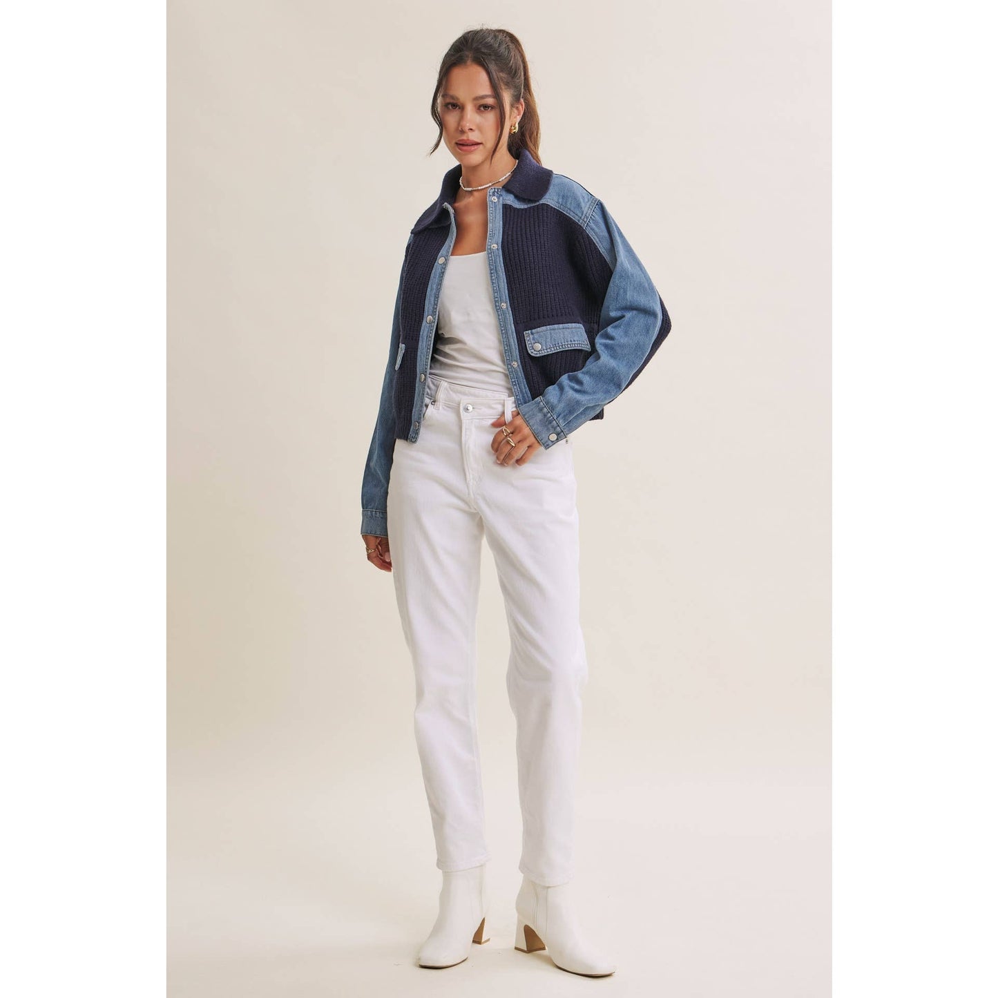 WEEKEND LAYERS DENIM CONTRAST MIXED MEDIA SWEATER JACKET