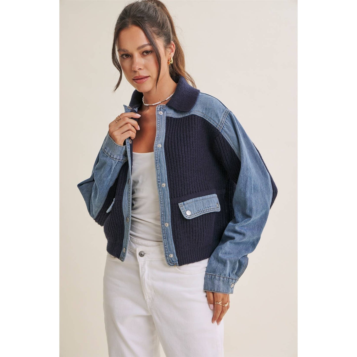 WEEKEND LAYERS DENIM CONTRAST MIXED MEDIA SWEATER JACKET