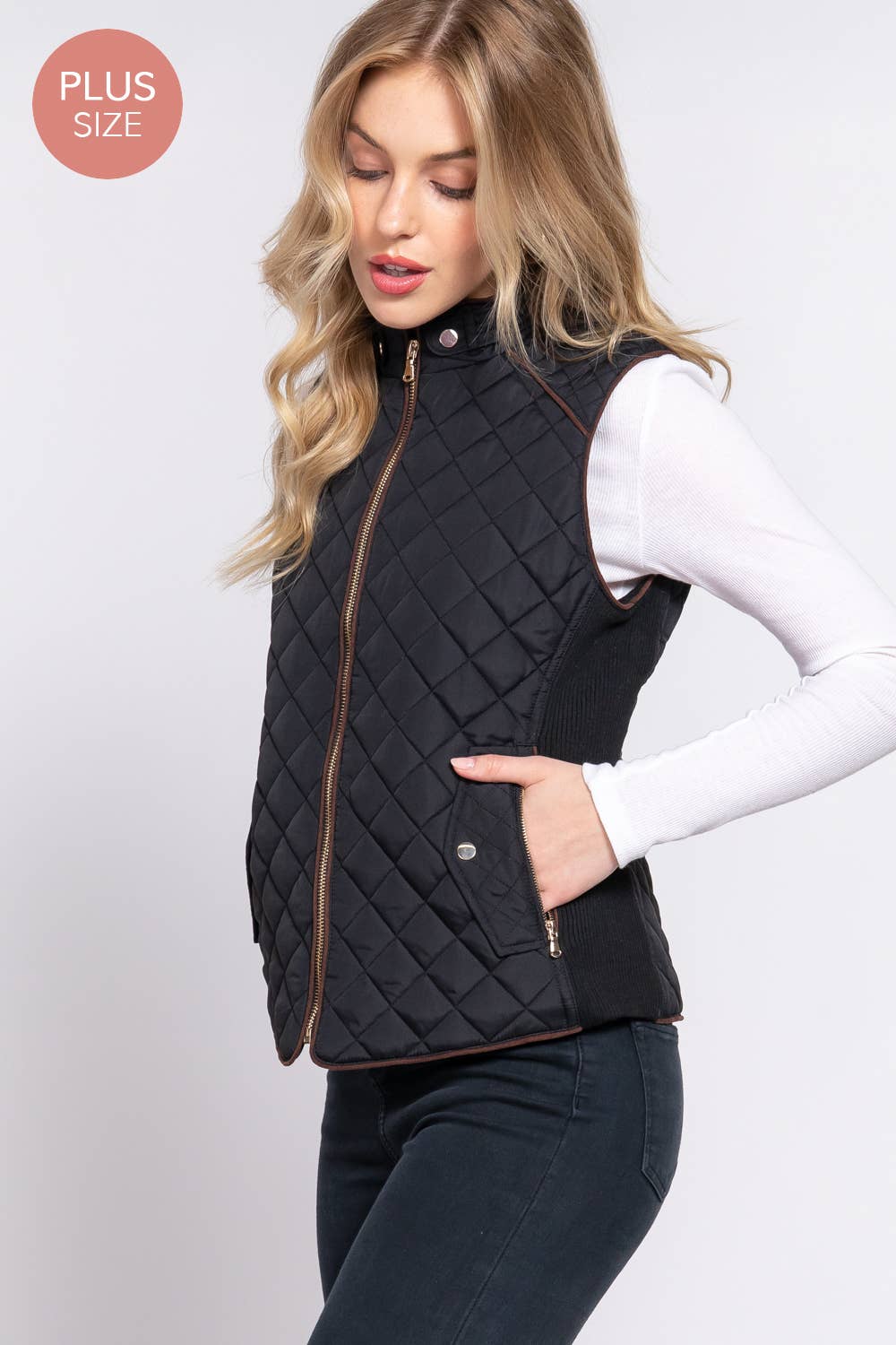Suede Piping Quilted Padding Vest