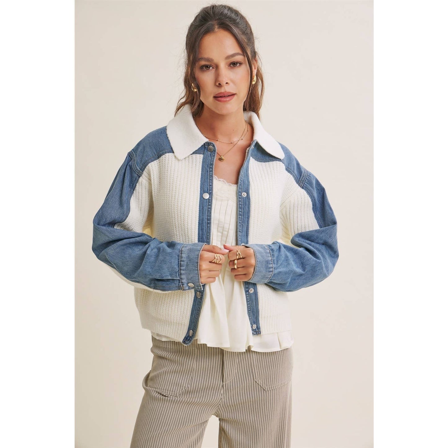 WEEKEND LAYERS DENIM CONTRAST MIXED MEDIA SWEATER JACKET