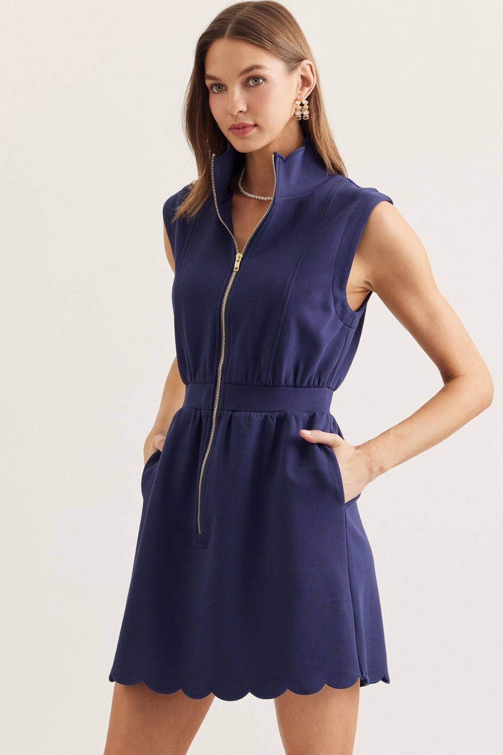 Scalloped Solid Color Sleeveless Dress
