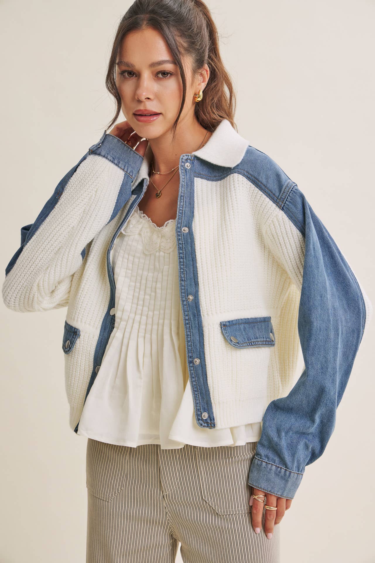 WEEKEND LAYERS DENIM CONTRAST MIXED MEDIA SWEATER JACKET