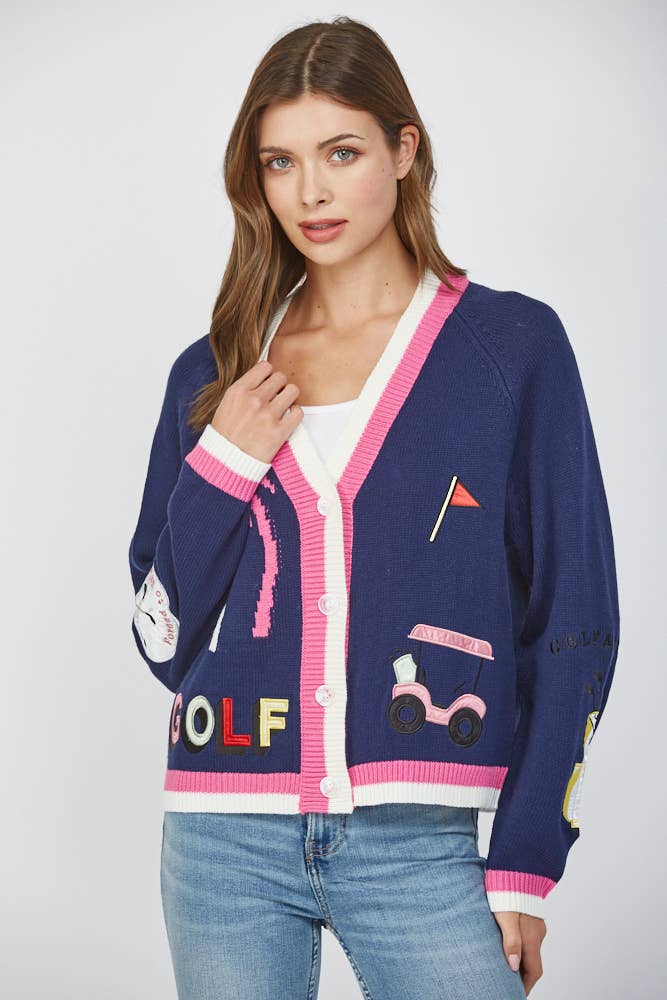NAVY GOLF EMBROIDERED PATCH CARDIGAN