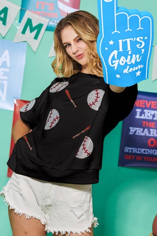Baseball Glitter Print Crew Neck Sweatshirts