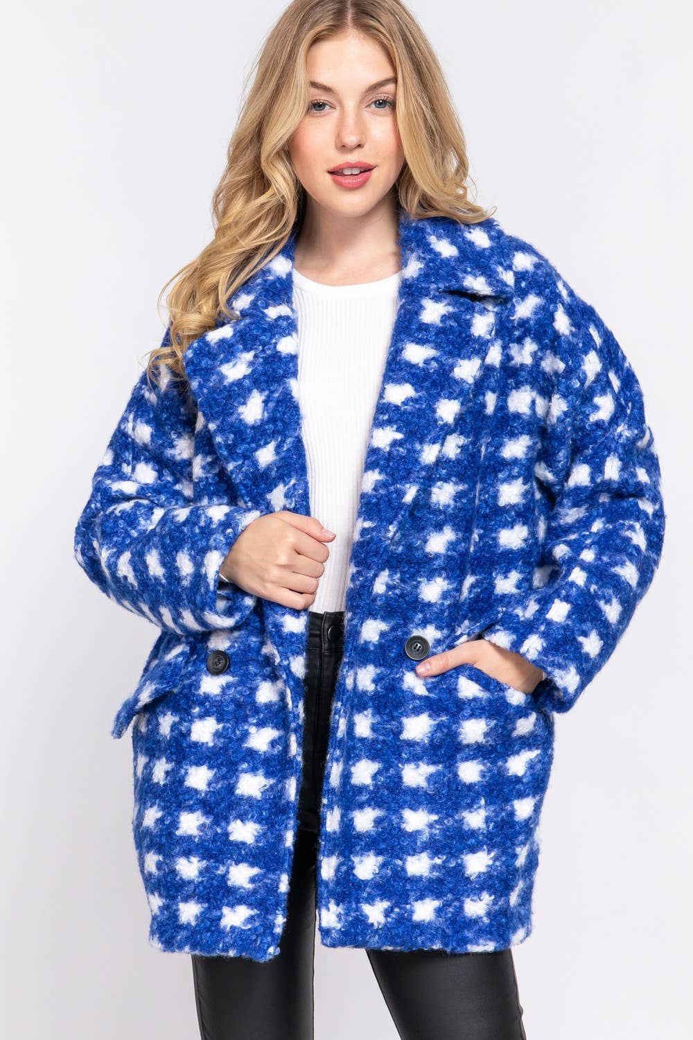 Long Sleeve Double Breasted Check Print Boucle Fleece Coat