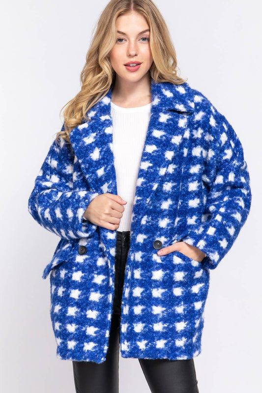 Long Sleeve Double Breasted Check Print Boucle Fleece Coat