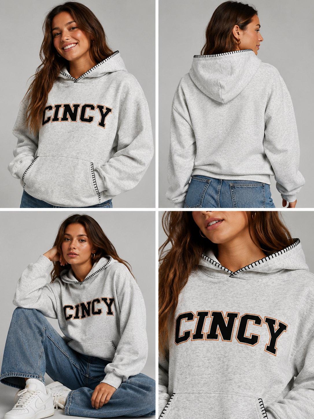 Black, Orange and White CINCY Embroidered Hoodie with Black Hood/Pocket Stitching