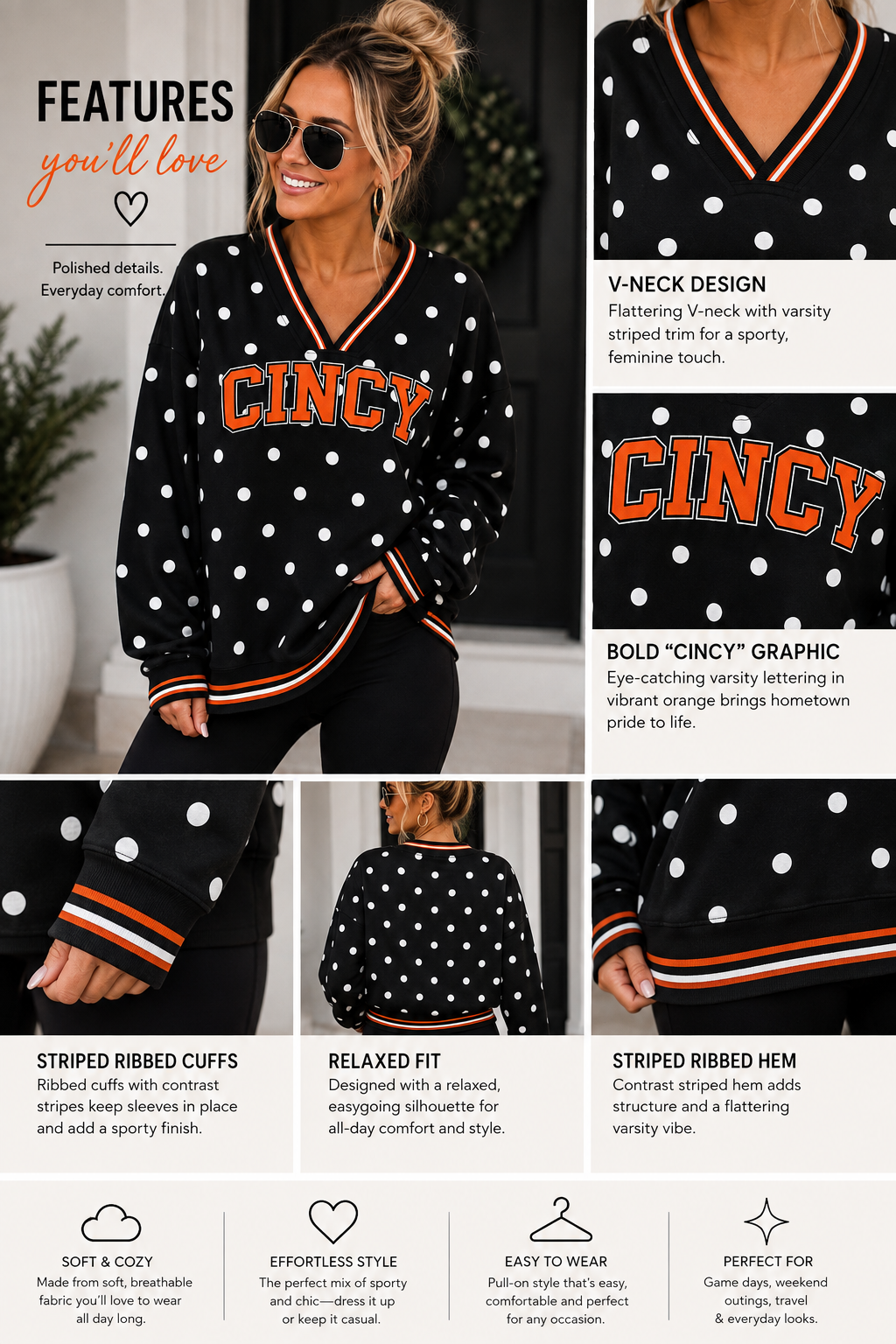 BW Polka Dot V-Neck CINCY Pullover (PREORDER)