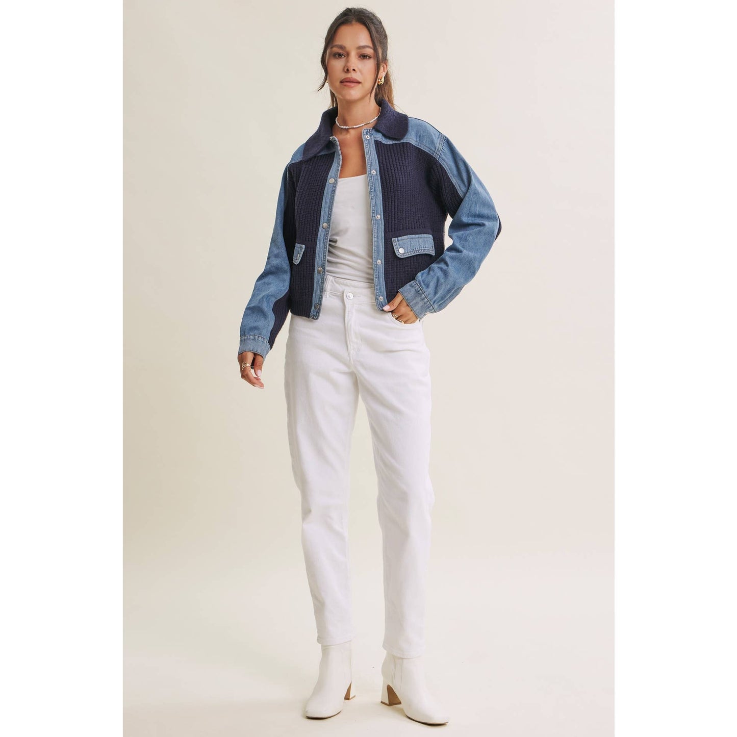 WEEKEND LAYERS DENIM CONTRAST MIXED MEDIA SWEATER JACKET