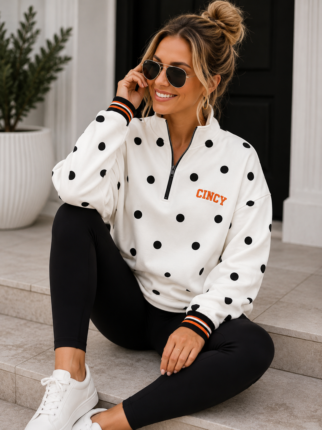 White Polka Dot CINCY Quater Zip (PREORDER)